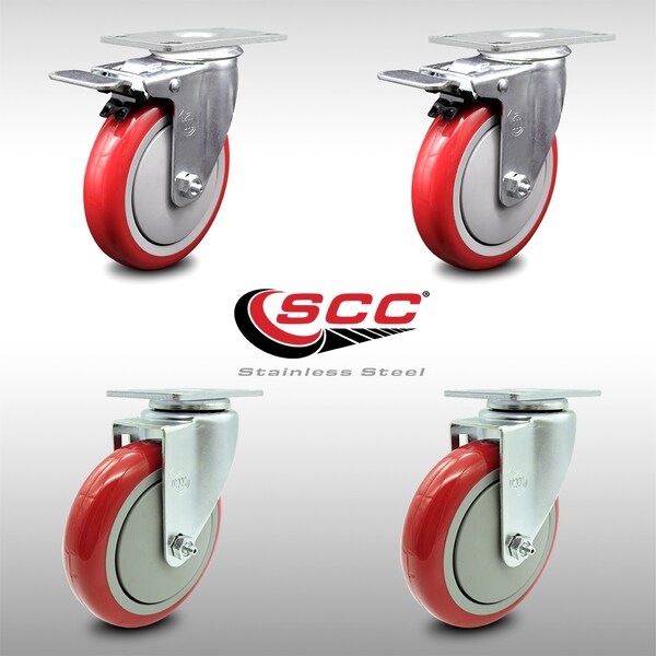 Service Caster 5 Inch SS Red Polyurethane Top Plate Caster Total Lock Brakes SCC, 2PK SCC-SSTTL20S514-PPUB-RED-2-S-2 - main
